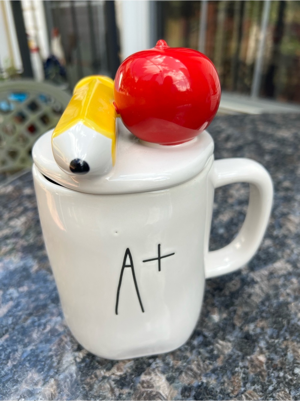 Rae Dunn White A+ Ceramic Mug with Yellow Pencil and Red Apple Lid